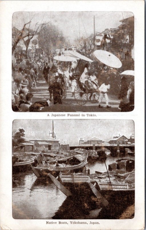 Postcard Japan - A Japanese Funeral in Tokio & Native Boats in Yokohama