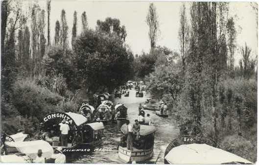 RPPC of Many Boats in Small River at Xochimilco Mexico