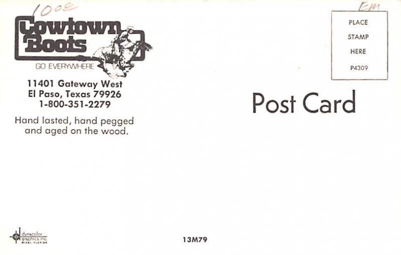 Advertising Post Card Cowtown Boots El Paso, Texas, USA Unused