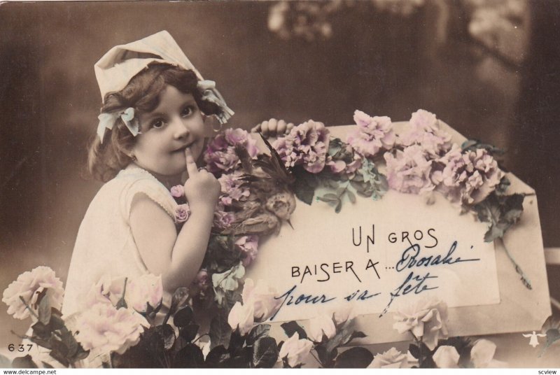 RP;  Un Gros Baiser a ..., Shy little girl surrounded by flowers, 1900-10s
