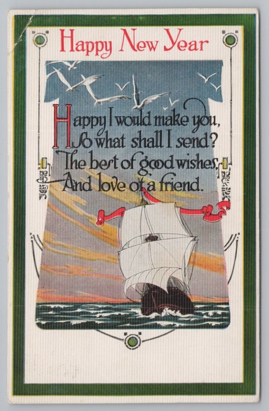 Holiday~Sailboat & New Years Greeting Poem~Vintage Postcard 