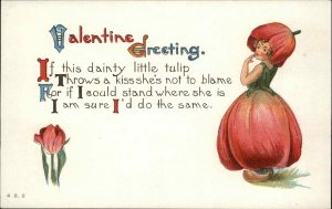 Valentine Fantasy Ser. 422 Flower Head Girl Tulip c1910 Vintage Postcard