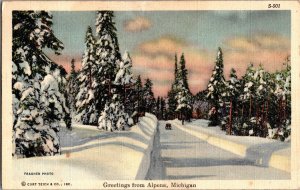 Snowy Scene, Greetings from Alpena, MI Vintage Postcard I59