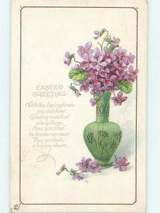 Pre-Linen easter BEAUTIFUL VIOLET FLOWERS IN ANTIQUE GREEN VASE hr2580