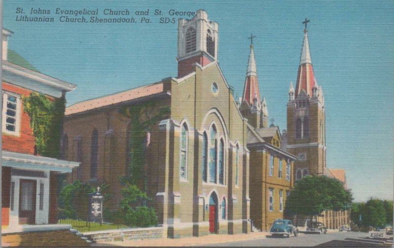 Postcard St John's Evangelical Church  St George Lithuanian Church Shenandoah PA