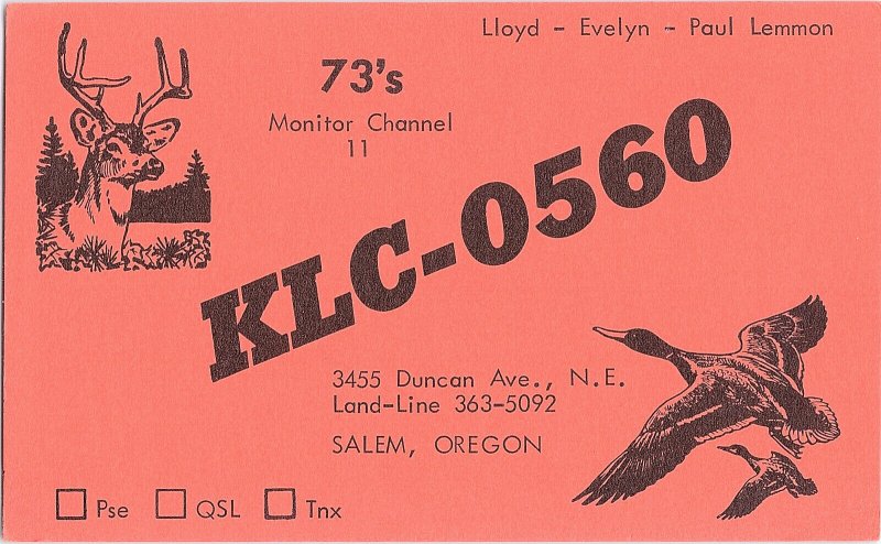 QSL Radio Card From Salem Oregon KLC-0560 