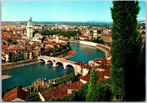 Panorama Verona Italy Bridges Buildings River Towers Pine Trees Postcard