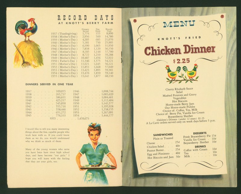 1960's Knott's Berry Farm & Ghost Town CA Chicken Dinner Restaurant Menu & Guide 