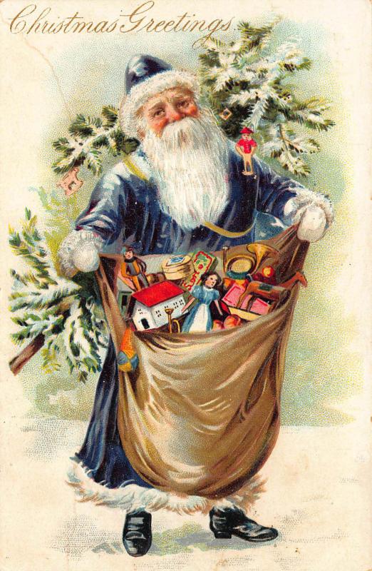 Christmas Greetings Blue Suited Santa Claus Bag of Toys Tuck Postcard