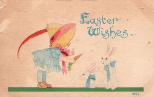 Easter Wishes Little Girl Giving Bunnies A Carrot Greeting Vintage Postcard 1914