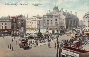 LONDON ENGLAND~PICCADILLY CIRCUS~DOUBLE DECKER TRAMS-LORRIES-AUTOS POSTCARD