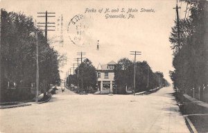 Greenville Pennsylvania Forks of N and S Main Street Vintage Postcard AA59094