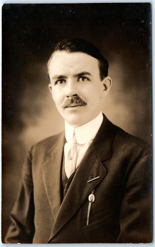 c1910s Paterson, NJ Handsome Man RPPC Walter Studio Epic Moustache Clasp A151