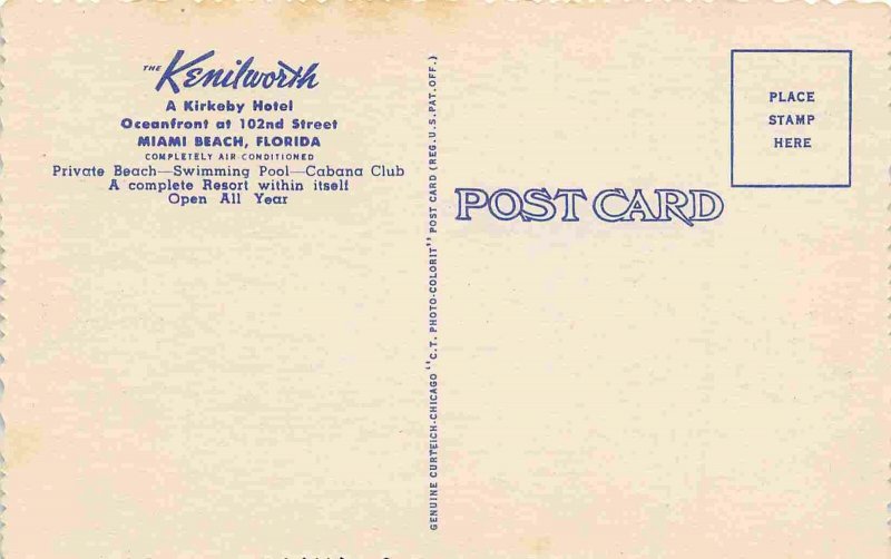 Kenilworth Hotel Miami Beach Florida linen postcard
