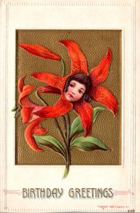 Birthday Flower With Girls Face Embossed 1910