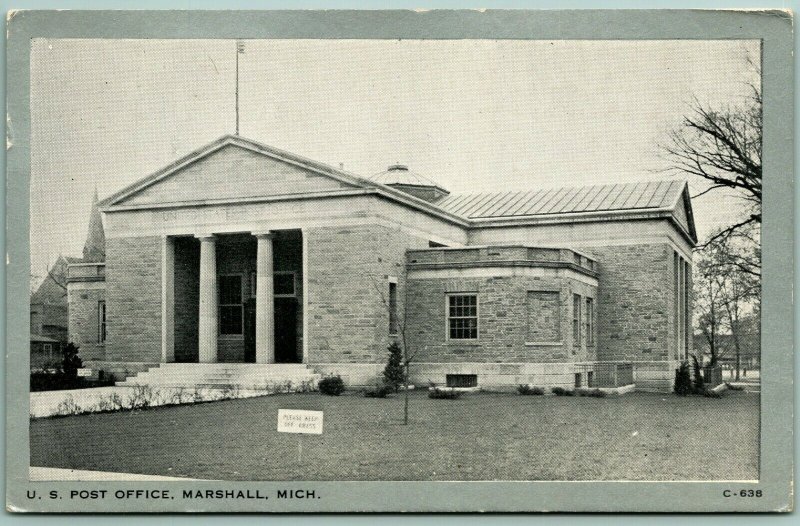 US Post Office Marshall Michigan MI UNP Clear View Postcard I14