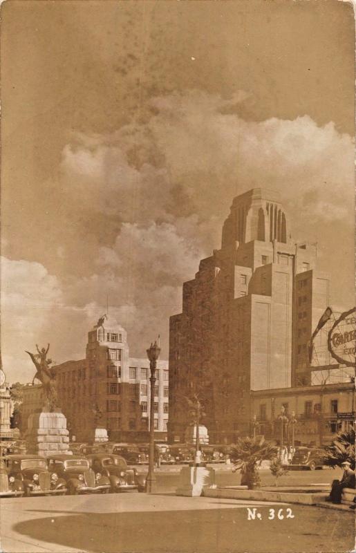 MEXICO CITY~STREET VIEW-LARGE BUILDING-MONUMENT-BEER SIGN-REAL PHOTO POSTCARD