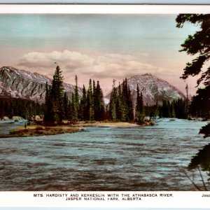 c1930s Jasper Park, Alta RPPC Mt Hardisty Kerkeslin Athabasca River Colored A224