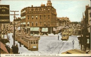 Elgin IL Grove Ave Trolleys c1910 Postcard