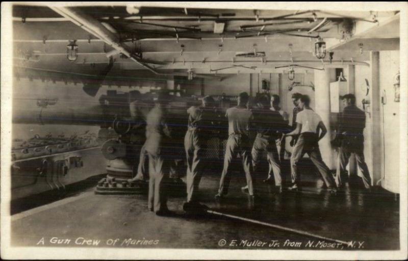 WWI Era Gun Crew of Marines Working Cannon Gun on Ship c1918 RPPC