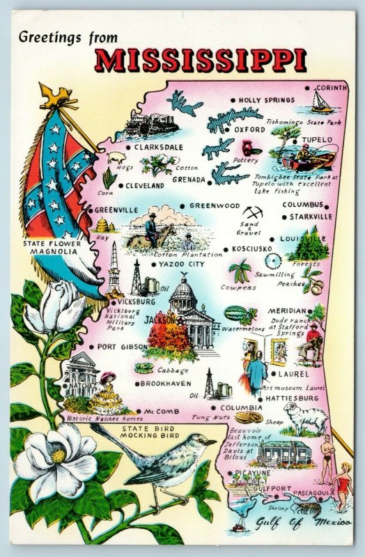 Postcard Mississippi State Map Towns Cities Tourist Stops  AE8