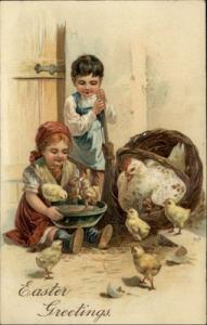 Easter Children Feed Chicks Chicken in Basket Embossed Gr...