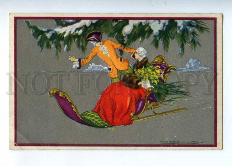 226819 ART DECO Lovers WINTER SLED by CORBELLA Vintage PC