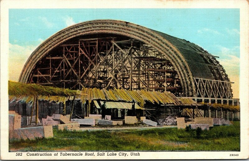 Vintage Construction of Tabernacle Roof Salt Lake City Utah UT Postcard 