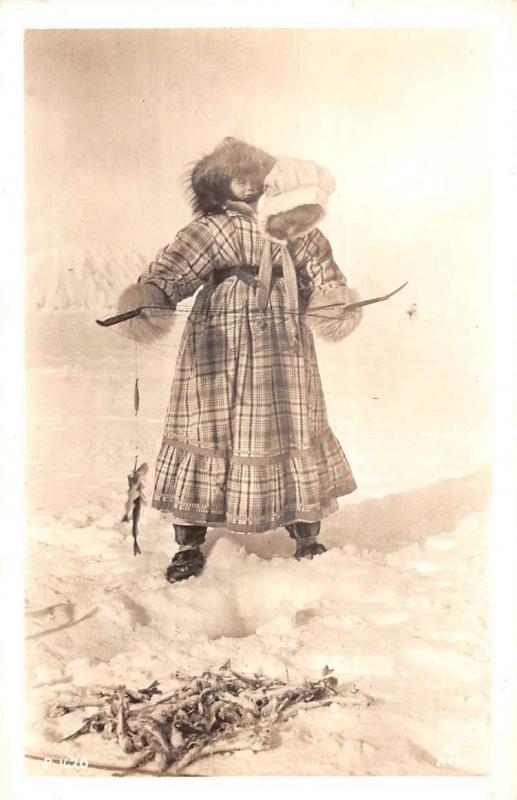 Alaska Native Woman With Child Fishing Real Photo Antique Postcard K93114