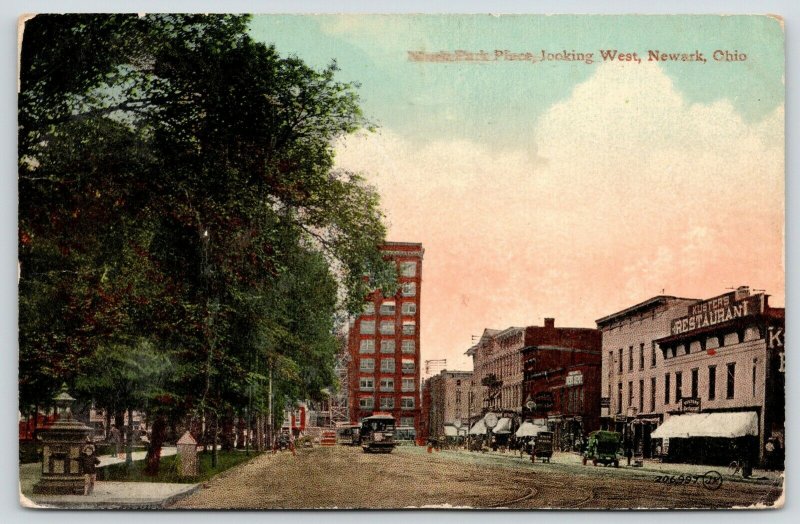 Newark OH~Kusters Restaurant~News Depot~Pillar Bigger Than Boy~Trolleys~1913 PC 