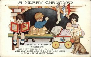 Christmas - Children Happily Play by Fireplace Art Deco Whitney c1910 Postcard