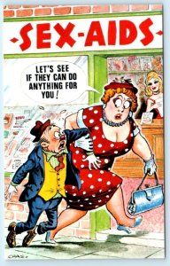 Bamforth Risque Comic SEX-AIDS Busty Woman & Smaller Man c1960s Postcard