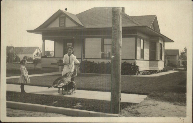 Bizarre Unusual Woman Feeding Turkeys In Front of Her House c1910 RPPC