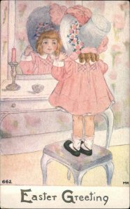 Easter Children Girl Looks in Vanity Mirror c1910s Postcard