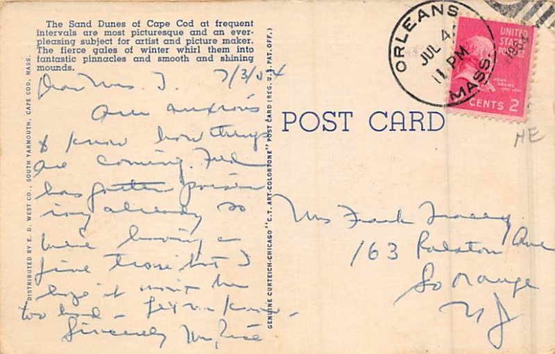 Sand Dunes Cape Cod, Massachusetts MA Postcard