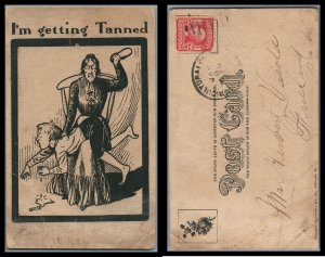 US Antique Card Woman Spanking little boy screaming I am getting Tanned