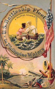 GREAT WHITE FLEET PHILIPPINES ROMANCE FLAG GUNS SHIPS MILITARY POSTCARD (1908)