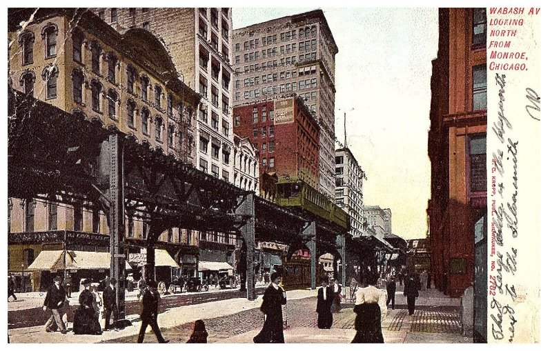 Chicago Ill Wabash Ave North from Monroe Street Postcard Posted 1907