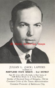 340747-Political Advertising Postcard, Julian Lapides Maryland State Senate