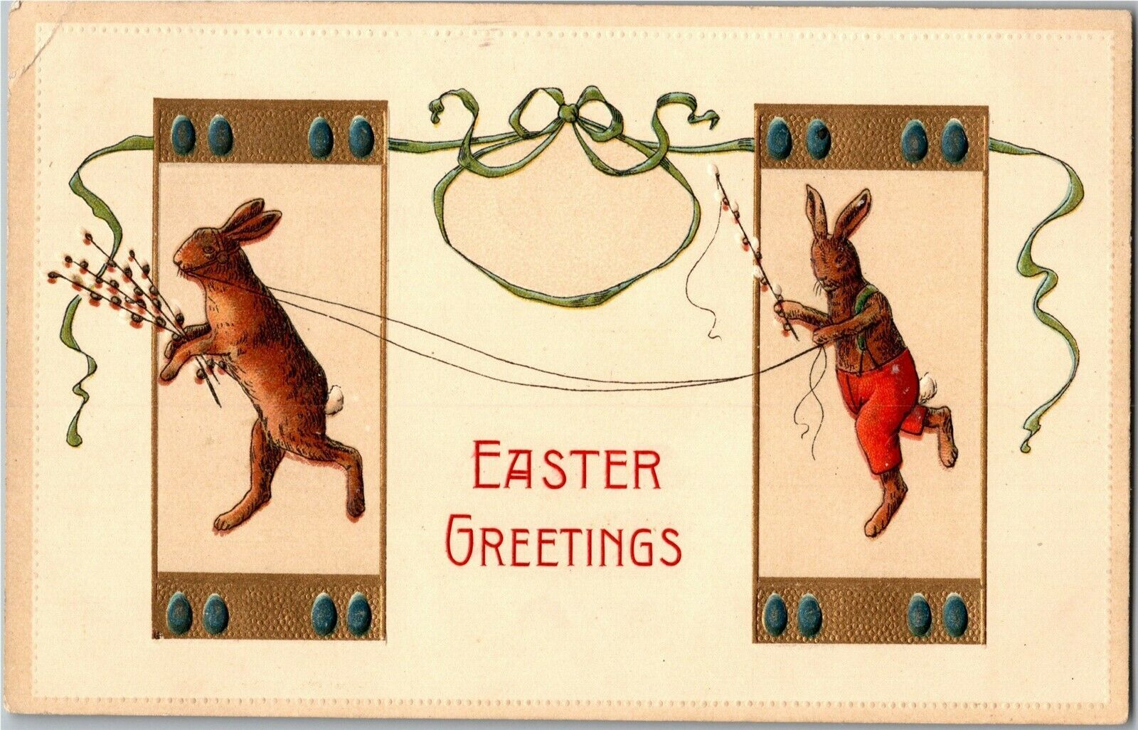 Easter Greetings, Rabbbit in Pants, Pussy Willow Fishing Pole c1911  Postcard F43 | Other / Unsorted, Postcard