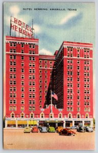 Amarillo Texas~Hotel Herring Exterior View~Sign~USA Flag~Cars~Linen Postcard