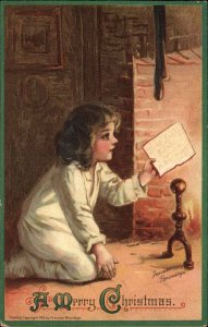 Frances Brundage Christmas Little Girl with Santa Letter c1910 Vintage Postcard