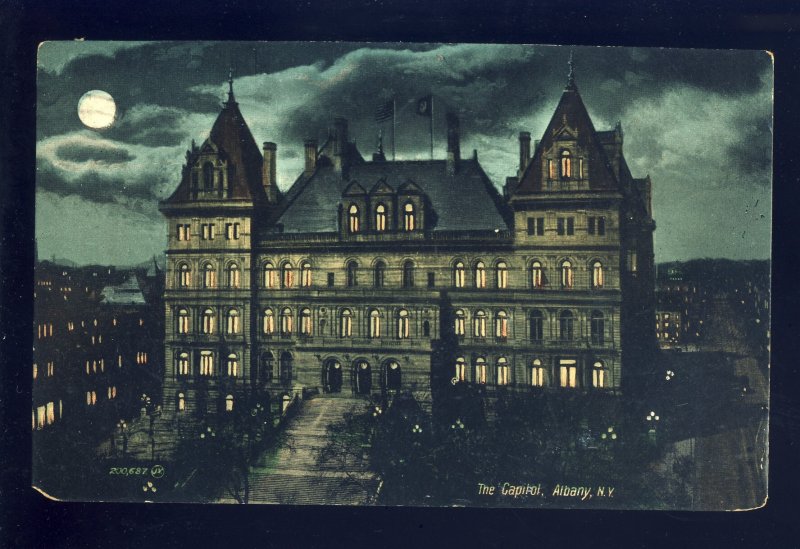 Albany, New York/NY Postcard, View Of State Capitol At Night By Moonlight, 1910!