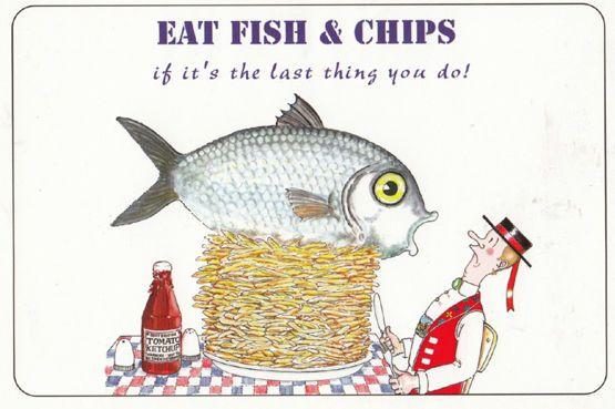 Eat British Fish & Chips Satirical Tourist Shop Comic Humour Postcard