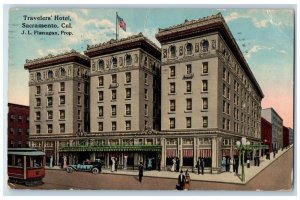 1915 Travelers Hotel J.L. Flanagan Prop Streetcar Sacramento California Postcard