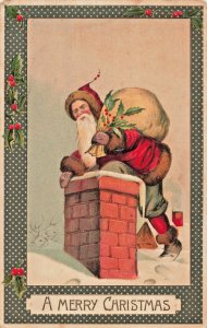 St Nicholas-Santa Claus-Sack of Toys-Chimney-1910s Embossed Christmas Postcard