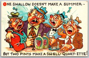 1950s Comic Humor Postcard Bums Drunks Drinking One Swallow Not Make Summer