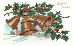 Vintage Postcard 1909 A Merry Christmas Greetings Yuletide Bells Holly Berries