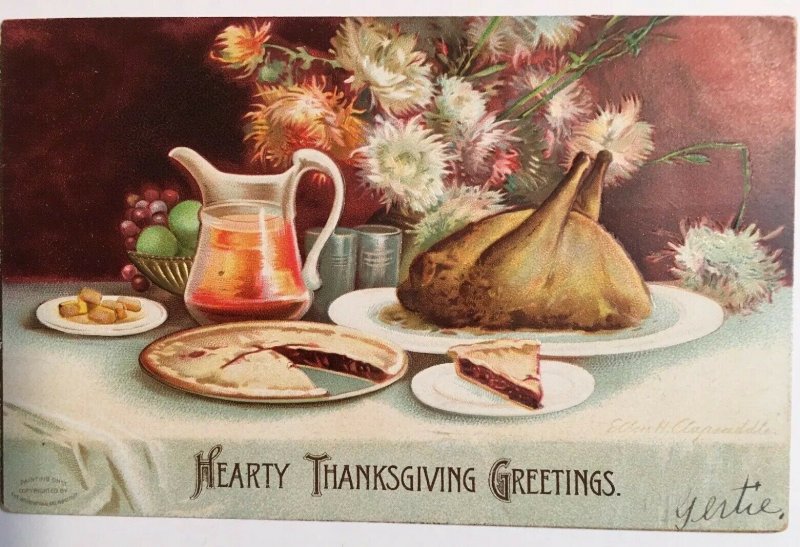 Hearty Thanksgiving Greetings Turkey Dinner Table Flowers Clapsaddle Pie Tea Emb