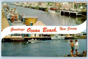 c1960 Ocean Beach New Jersey NJ Vintage Postcard Greetings Two Lagoons Boating